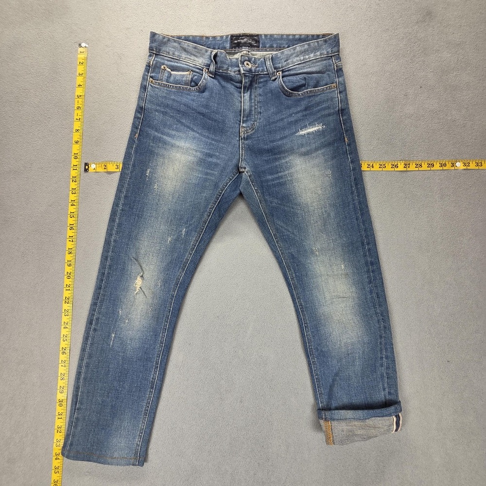 Modified Jeans Mens Blue Selvedge Thrashed Whiskers Honeycomb Fits 30x25